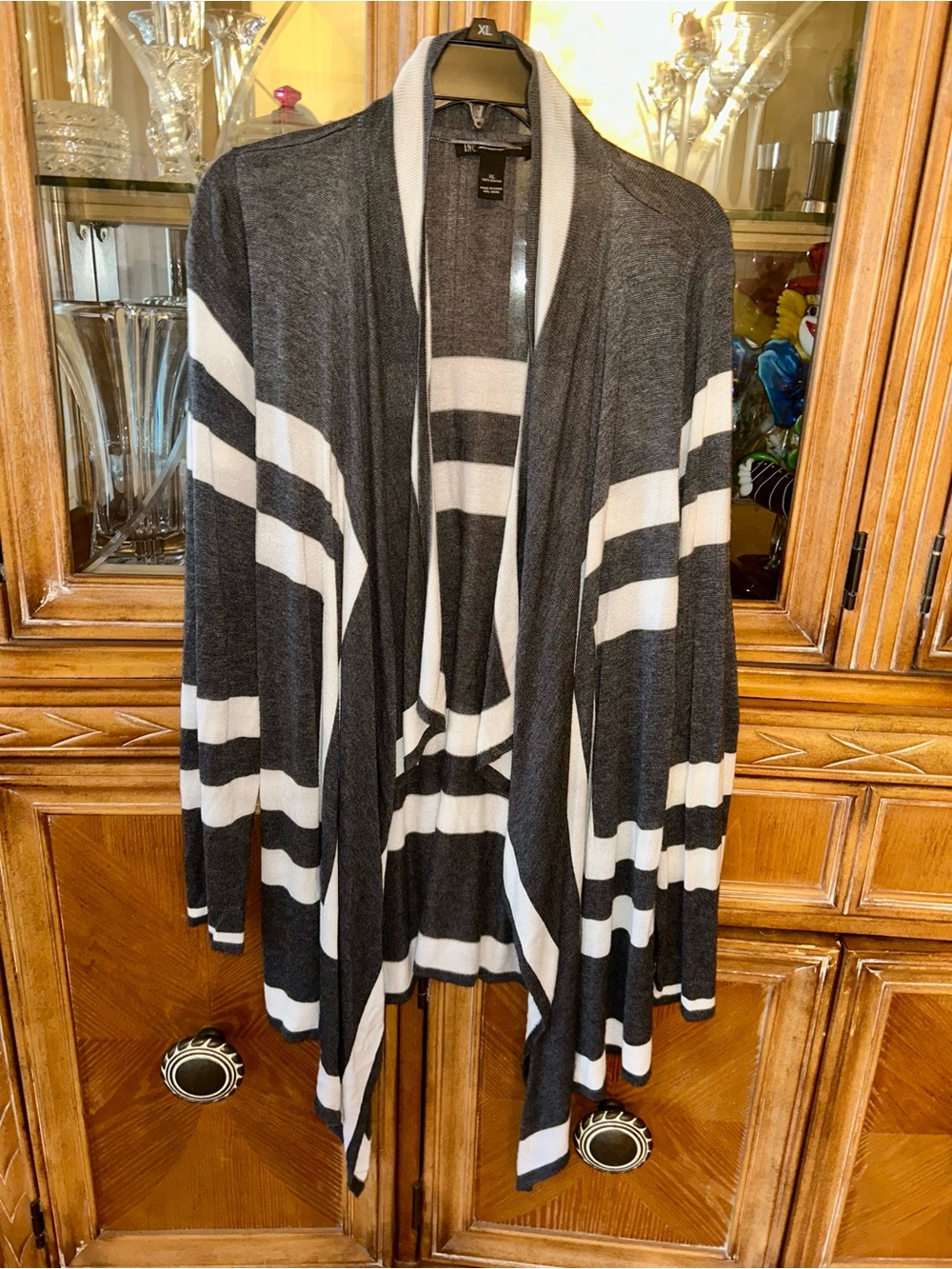 INC International Concepts Grey and White Striped Open-Front Cardigan